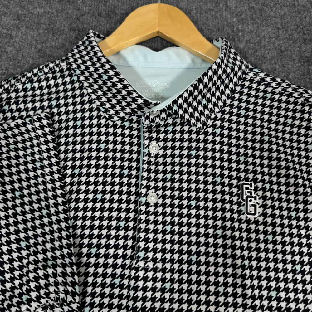 Good Good Golf Houndstooth Performance Polo Shirt Mens 2XL Black White Blue EUC